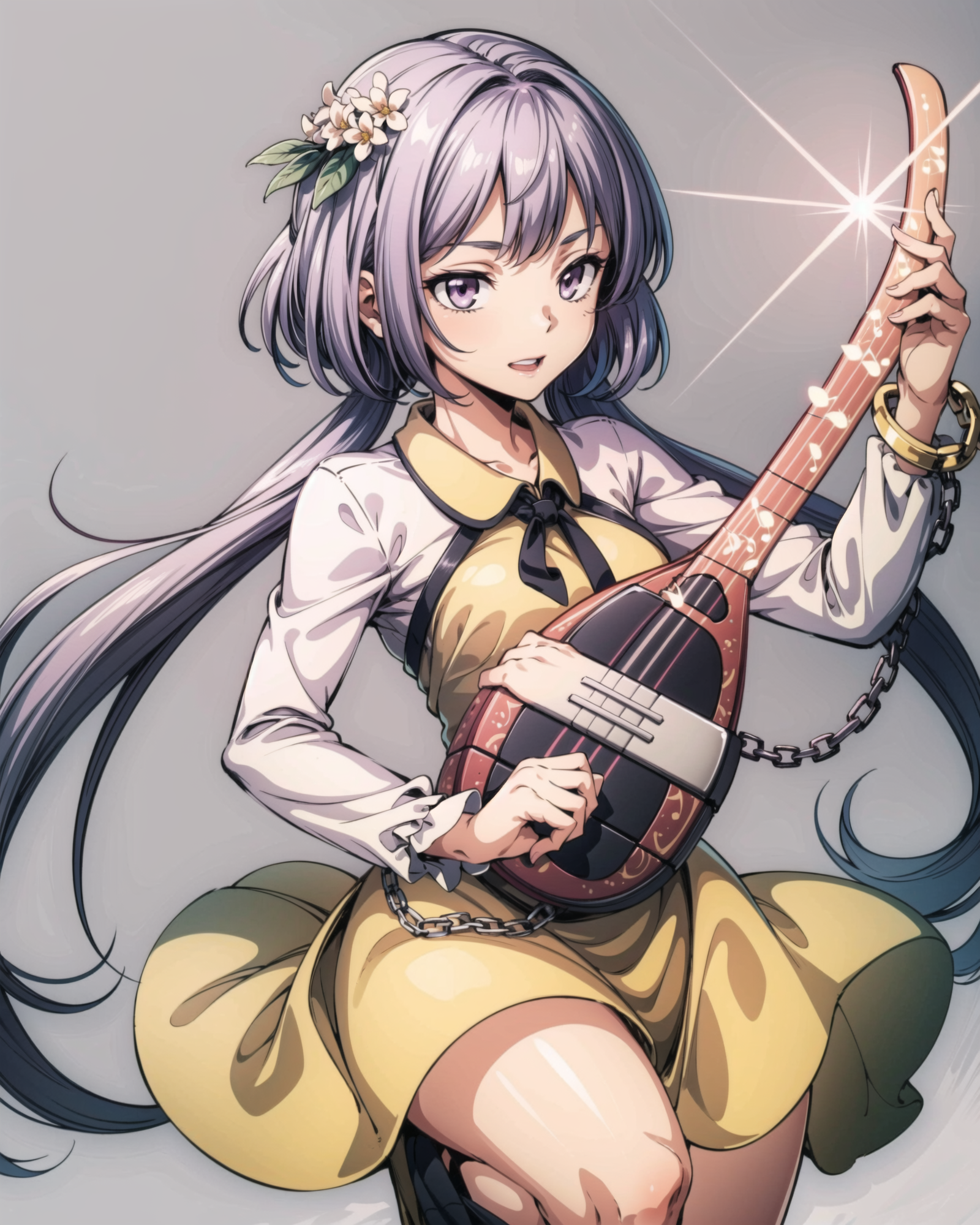 00050-896160552-_lora_TsukumoBenben_1_,tsukumo benben, purple hair, hair ornament,long hair, flower,purple eyes, twintails, long sleeves, dress,.png